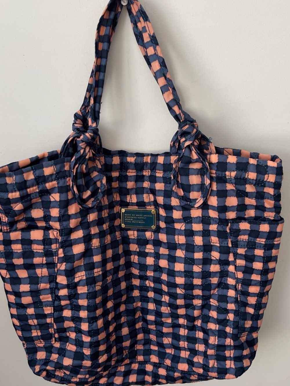 Marc by Marc Jacobs Large Navy and Coral Quilted Gingham Nylon Tote Bag